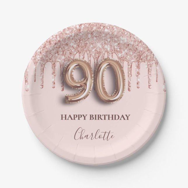 90th birthday rose gold glitter pink balloon style paper plates (Front)