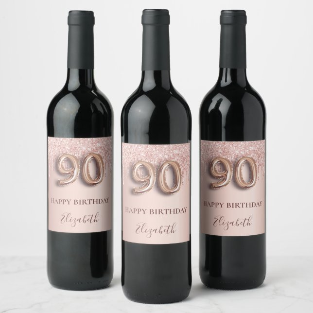 90th birthday rose gold glitter pink balloon style wine label (Bottles)