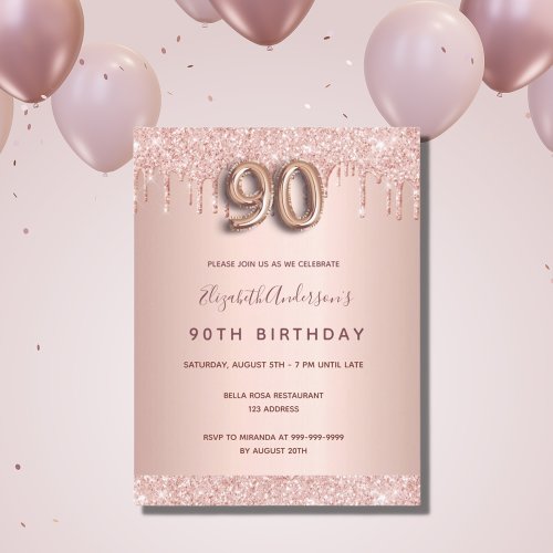 90th birthday rose gold glitter pink invitation postcard