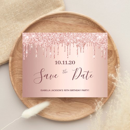 90th birthday rose gold glitter save the date postcard