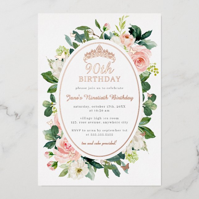 90th Birthday Rose Gold Pink Butterfly Floral  Foil Invitation (Front)