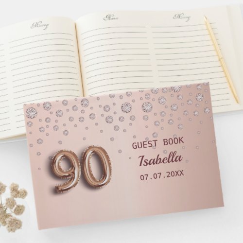 90th birthday rose gold pink diamonds guest book