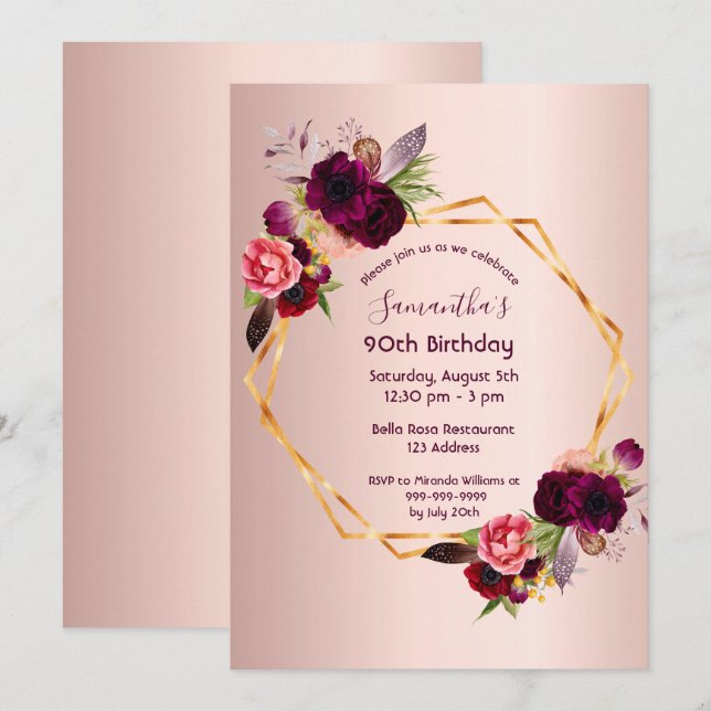 90th birthday rose gold pink floral luxury invitation (Front/Back)