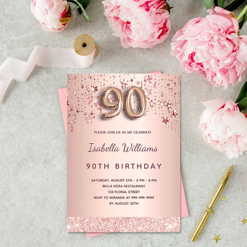 90th birthday rose gold pink stars balloon script