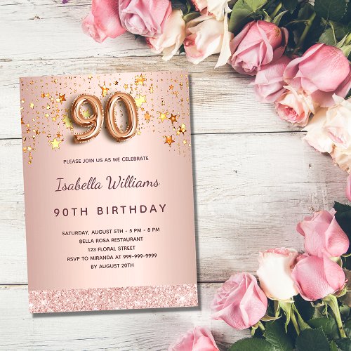 90th birthday rose gold pink stars balloon script invitation
