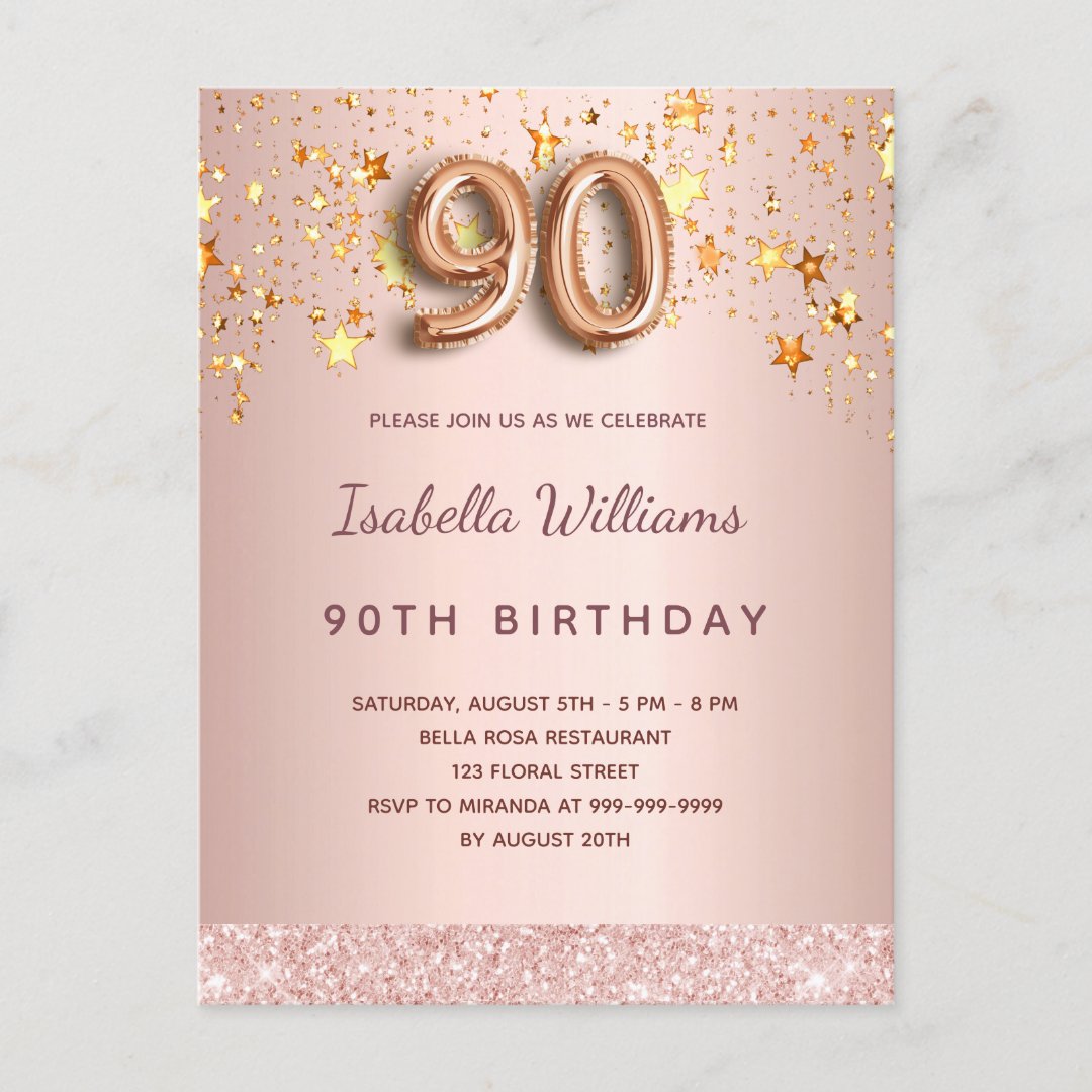 90th birthday rose gold pink stars balloon script postcard | Zazzle