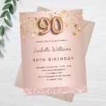 90th birthday rose gold pink stars balloon script postcard<br><div class="desc">A modern, stylish and glamorous invitation for a 90th birthday party. A faux rose gold metallic looking background with faux gold dripping stars. The name is written with a modern dark rose gold colored hand lettered style script. Personalize and add your party details. Number 90 is written with a balloon...</div>