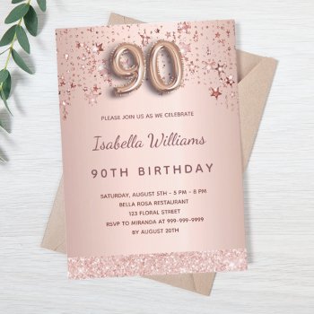 90th Birthday Rose Gold Pink Stars Invitation by Thunes at Zazzle