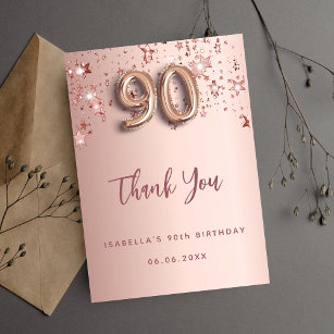 90th birthday rose gold pink stars thank you card