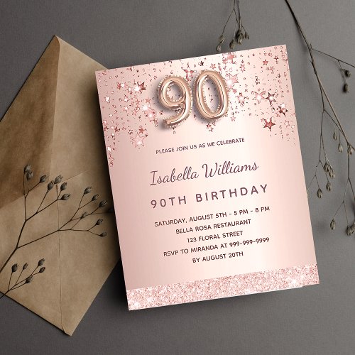90th birthday rose gold stars budget invitation flyer
