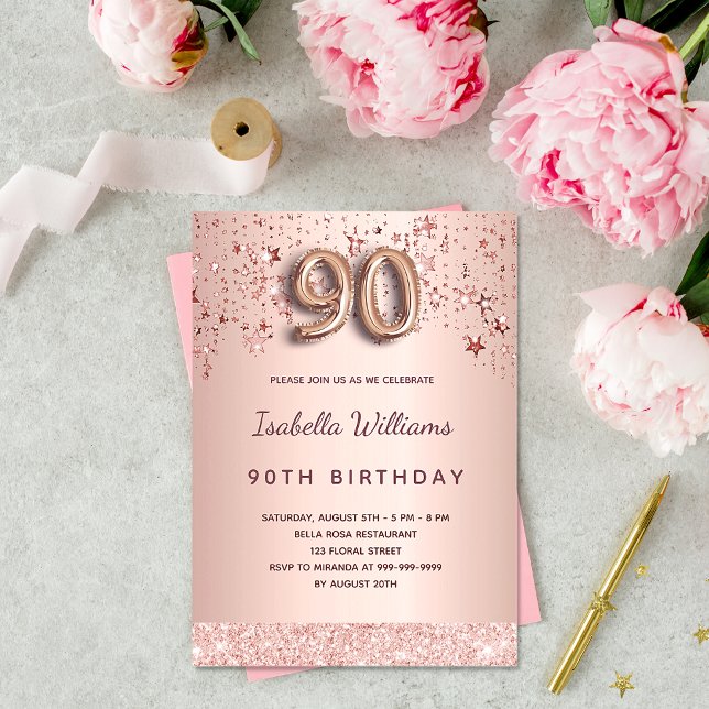 90th birthday rose gold stars invitation postcard (Creator Uploaded)