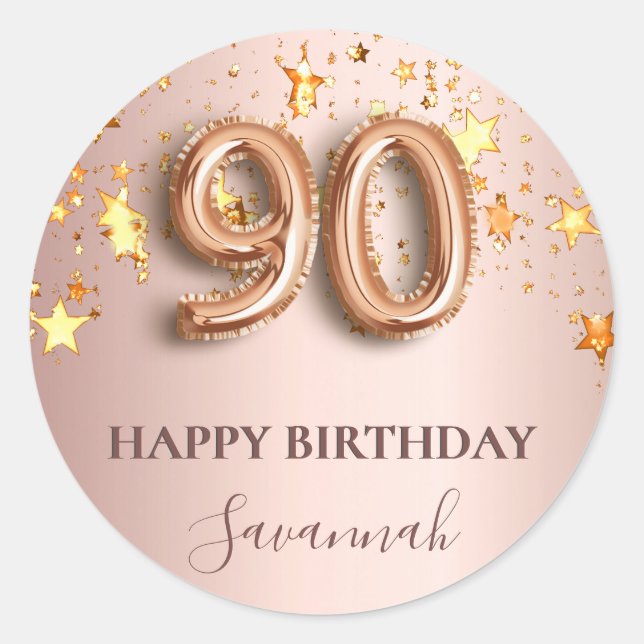 90th birthday rose gold stars pink balloon font classic round sticker (Front)