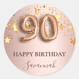 90th birthday rose gold stars pink balloon font classic round sticker