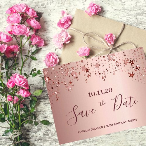 90th birthday rose gold stars save the date postcard