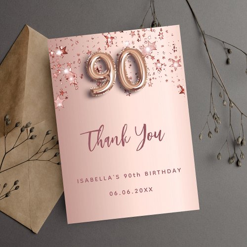 90th birthday rose gold stars thank you card