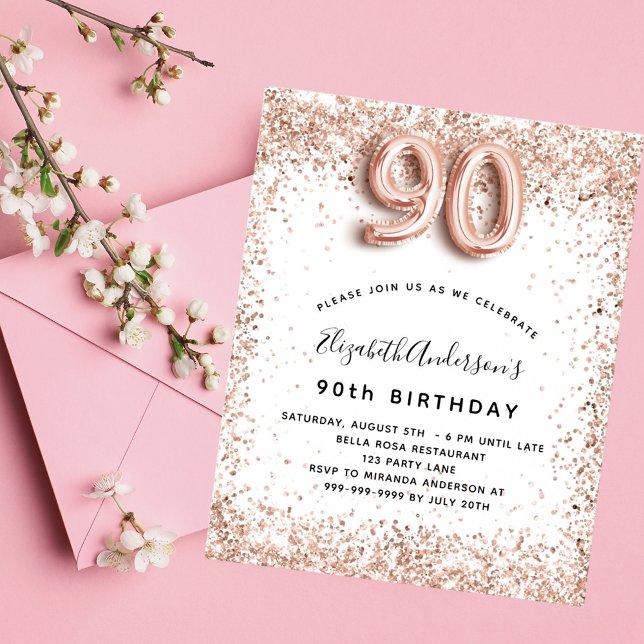 90th birthday rose gold white invitation (Creator Uploaded)