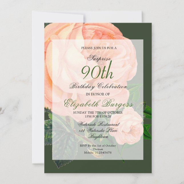 90th Birthday  Rose Personal Monogram Birthday Invitation (Front)