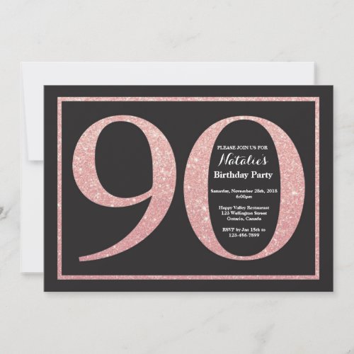 90th Birthday Rose Pink Gold Glitter Chalkboard Invitation