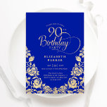 90th Birthday Royal Blue Gold Roses Invitation<br><div class="desc">Royal blue gold elegant 90th birthday party invitation. Classy design featuring roses,  faux gold foil and typography script font. Trendy invite card perfect for a stylish female bday celebration. Personalize with your own details. Can be customized to any age. Printed Zazzle invitations or instant download digital printable template.</div>