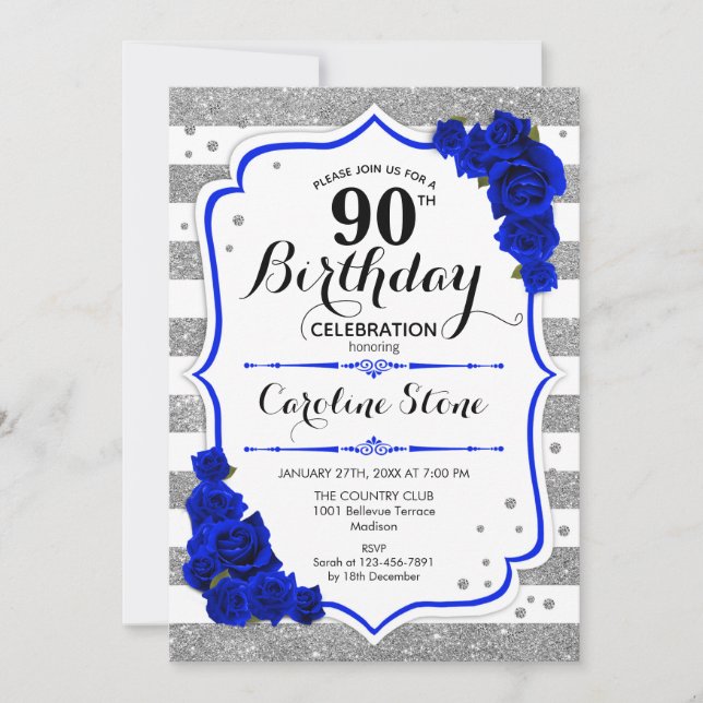 90th Birthday - Royal Blue Silver White Stripes Invitation (Front)