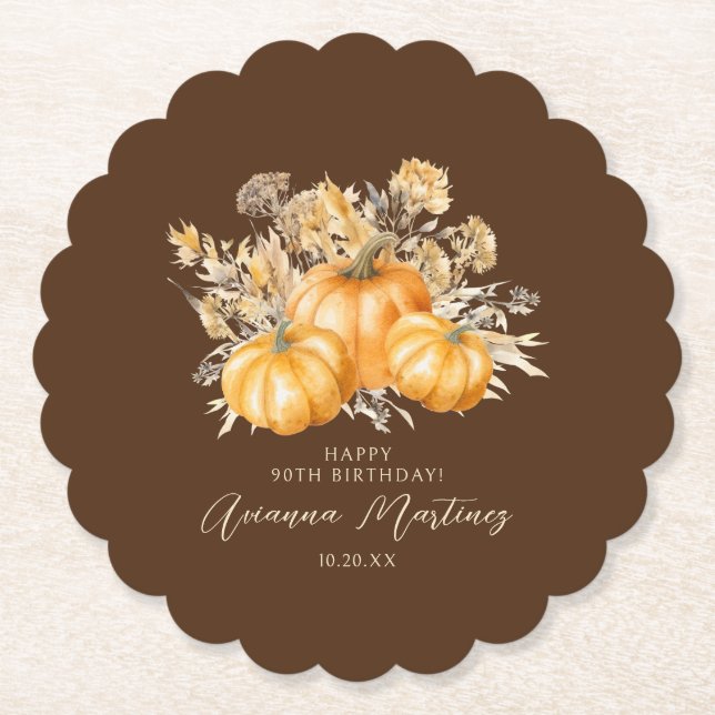 90th Birthday Rustic Boho Pumpkin Fall Custom Paper Coaster (Front)