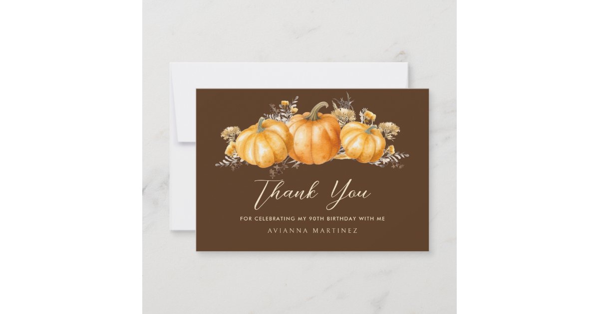 90th Birthday Rustic Boho Pumpkin Flat Thank You Card | Zazzle