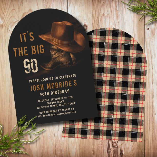 90th Birthday Rustic Cowboy Hat and Leather Boots Invitation (Creator Uploaded)