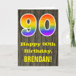 [ Thumbnail: 90th Birthday: Rustic Faux Wood Look, Rainbow "90" Card ]