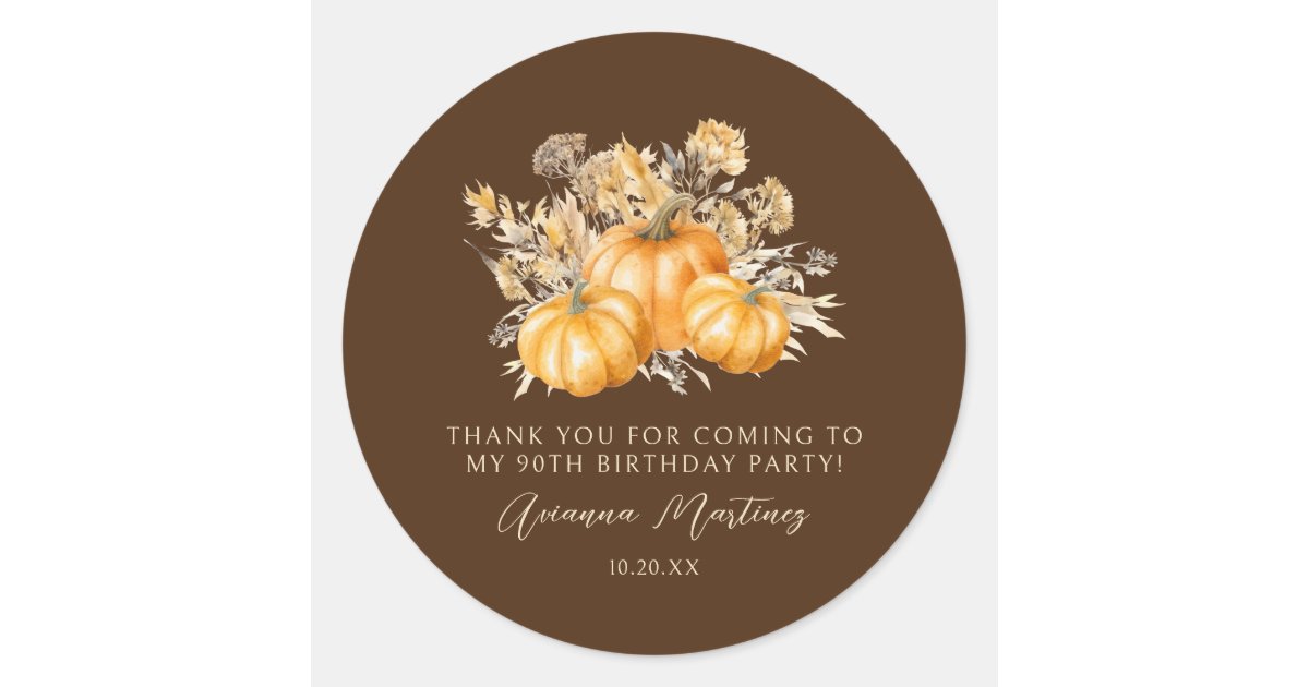 90th Birthday Rustic Pumpkin Fall Thank You Favor Classic Round Sticker ...