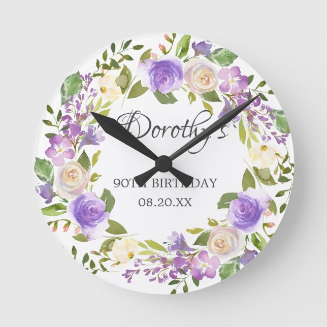 90th Birthday Rustic Purple Floral Round Clock (Front)