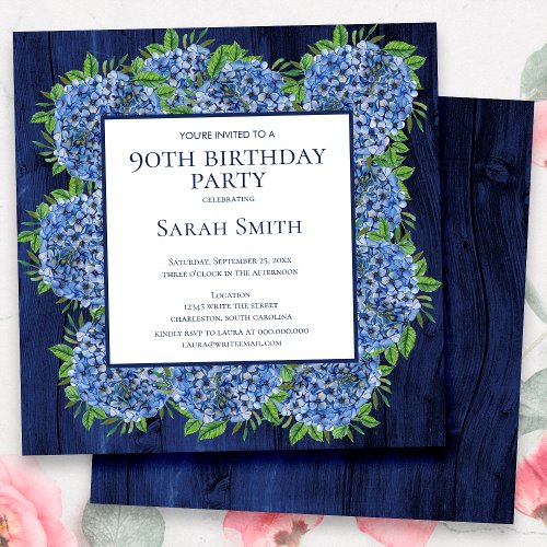 90th Birthday Rustic Wood Blue Hydrangeas Party Invitation