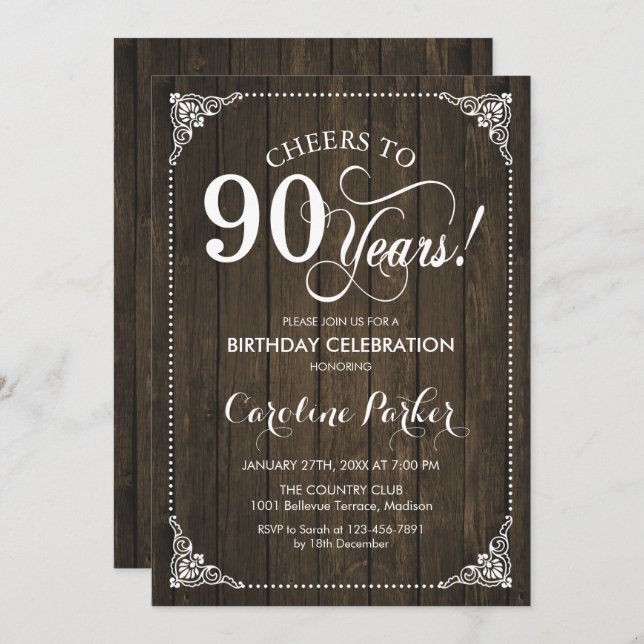 90th Birthday - Rustic Wood Invitation (Front/Back)