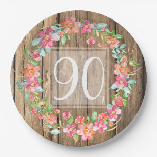90th birthday rustic wood watercolor flowers paper plates