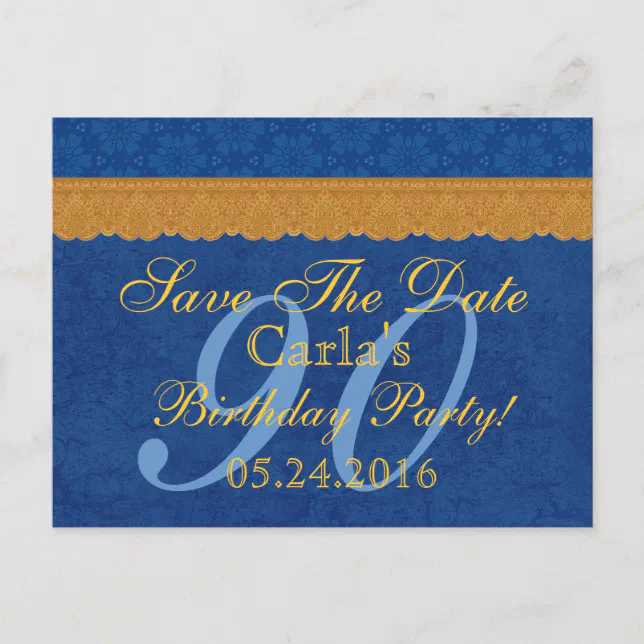 90th Birthday Save the Date Blue and Gold Lace Announcement Postcard