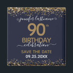 90th Birthday Save the Date Magnet<br><div class="desc">Elegant Faux gold glitter with shimmering confetti highlights on the top and bottom border. All text is adjustable and easy to change for your own party needs. Great elegant 90th birthday template design. Save the date magnet reminder.</div>