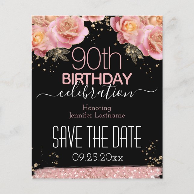 90th Birthday Save the Date Pink Floral Budget (Front)