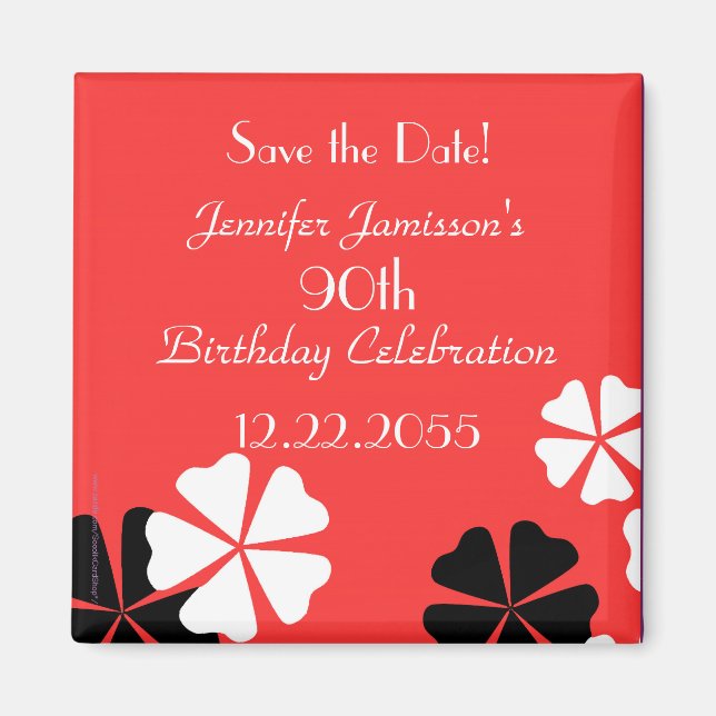 90th Birthday Save the Date Red Floral Minimalist Magnet (Front)