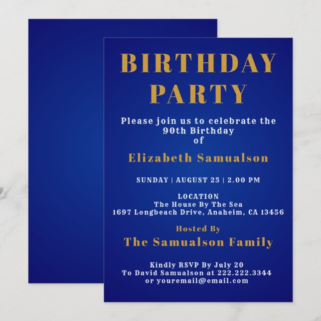 90th Birthday Setting Standards Blue Birthday Invitation (Front/Back)