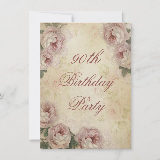 90th Birthday Shabby Chic Roses and Lace Invitation (Front)
