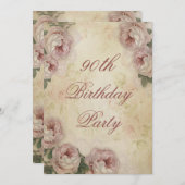 90th Birthday Shabby Chic Roses and Lace Invitation (Front/Back)