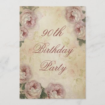 90th Birthday Shabby Chic Roses And Lace Invitation by Eugene_Designs at Zazzle