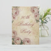 90th Birthday Shabby Chic Roses and Lace Invitation (Standing Front)