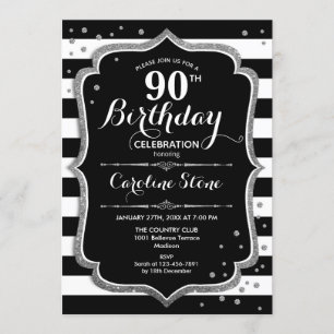 90th Birthday - Silver Black White Stripes Invitation