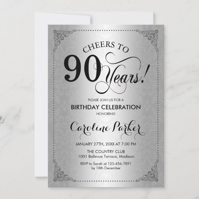 90th Birthday - Silver Damask Invitation (Front)