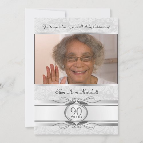90th Birthday - Silver Damask Photo Invitation