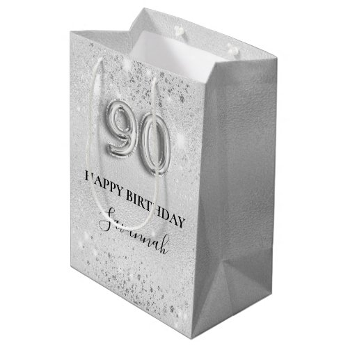 90th birthday silver glitter dust monogram medium gift bag