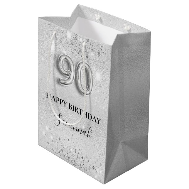 90th birthday silver glitter dust monogram medium gift bag (Back Angled)