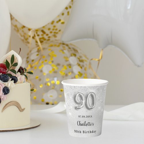 90th birthday silver glitter dust monogram paper cups