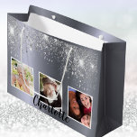 90th birthday silver glitter dust photo monogram large gift bag<br><div class="desc">A gift bag for a girly and glamorous 90th birthday.  A silver metallic looking  background with glitter dust. Personalize and add 3 photos and a name.  Number 90 is written with a balloon style font. Perfect as a party favor bag or as a gift  bag.</div>