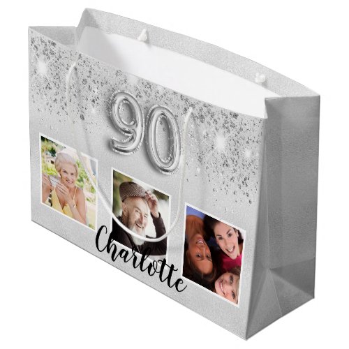 90th birthday silver glitter photo name large gift bag